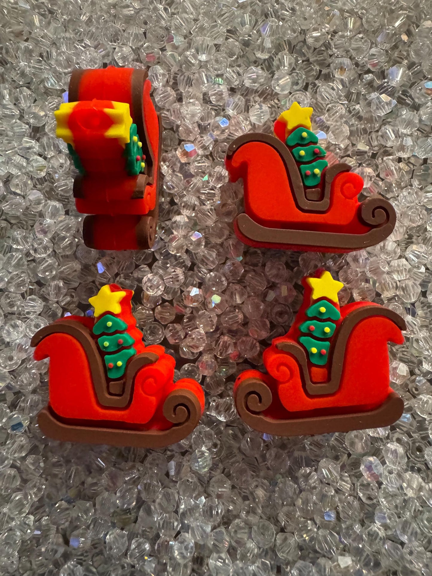 3D Christmas Sleigh with Christmas Tree Silicone Beads- For pens, Keychains and beadable items- 2PK