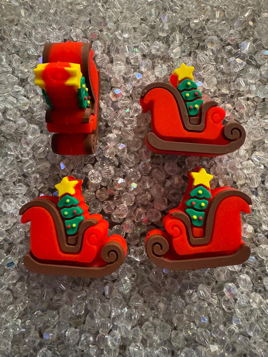 3D Christmas Sleigh with Christmas Tree Silicone Beads- For pens, Keychains and beadable items- 2PK