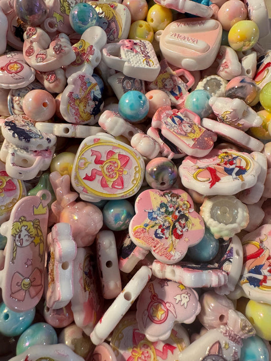01- Custom Theme Characters Mixes - Acrylic Bead Mix ,DIY for Chunky Keychains, Phone and Bag chains!- Rainbow, Monchi, Moon, printed beads.