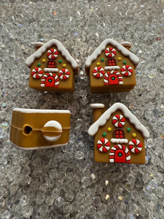 3D Christmas Gingerbread Collection House and Gingerbread Man Silicone Beads- For DIY pens, Keychains and beadable items- 2PK