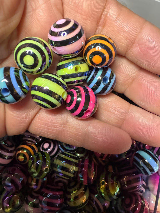 16MM Uv Multi-Color Circle Stripe Acrylic Beads-For pens and beadable items- 15beads pack assorted